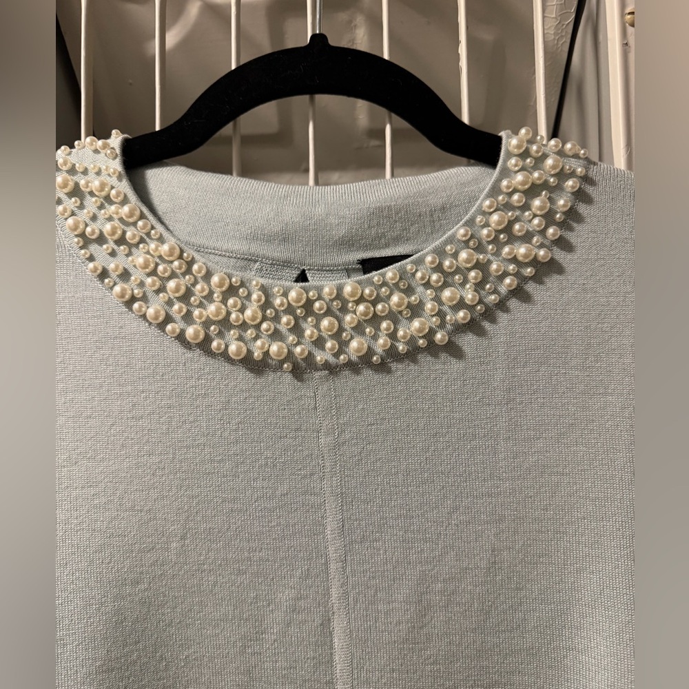 NWT Karl Lagerfeld Light Blue Pearl-Embellished Top, Sz S - Picture 3 of 8